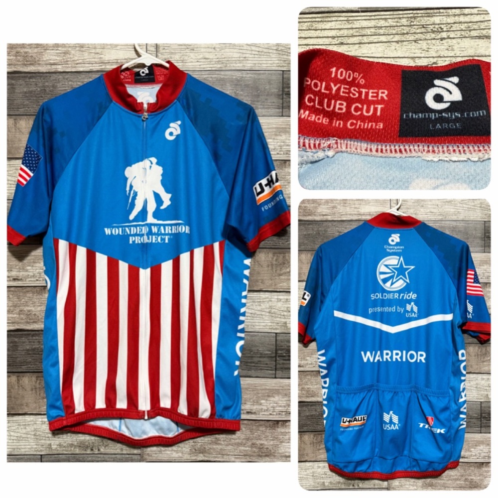 Wounded Warrior Project Cycling Jersey Mens L Blue Red Full Zip Pockets Club Cut